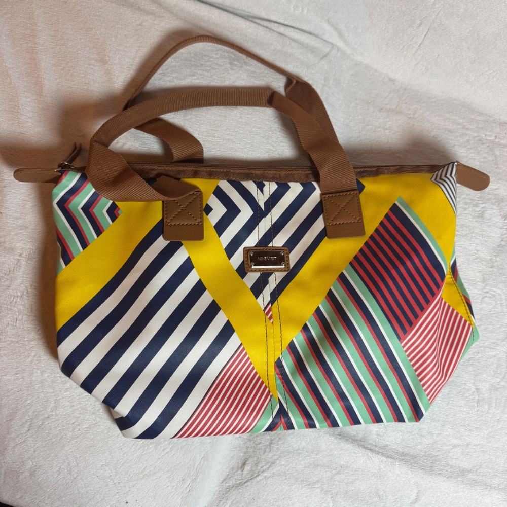 Nine West Handbag‎ Bright Multi Stripe Double Strap Tan Fabric Lined Striped